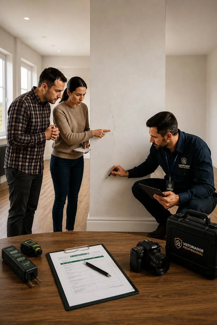 Casal e vistoriador analisando uma rachadura na parede
